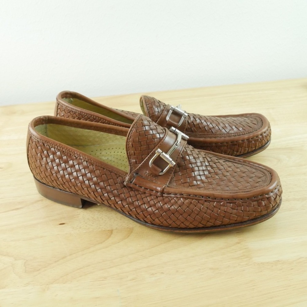 Mercanti Fiorentini Mens Brown Woven Leather Horsebit Loafers 10 M Luxury Italy